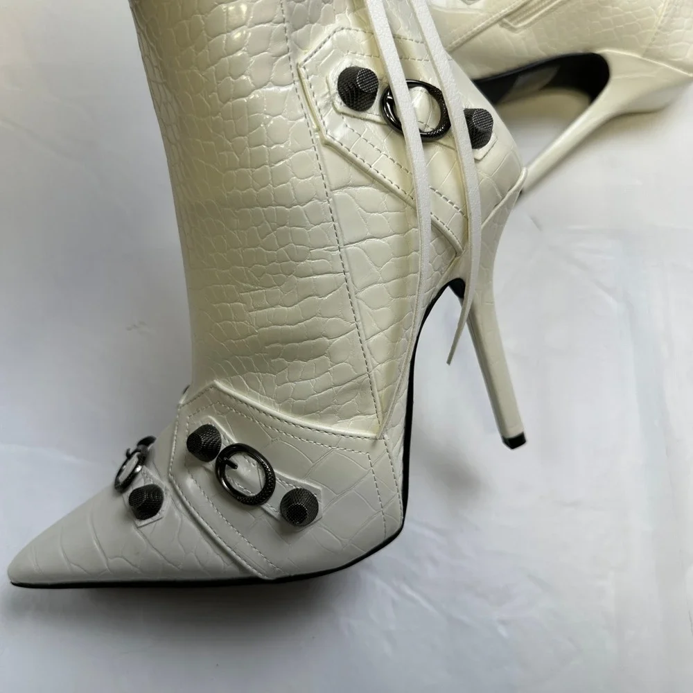 Fashion Nova Knee High Boots Croc Embossed White Stiletto Size 6 - Picture 13 of 13